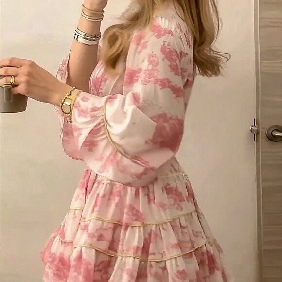 Pink Boho Women's Casual Elegant Romantic Vacation Printed Button Dress - Picture 3 of 5